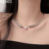 Silver Metal Tube Simulated Pearl Choker Necklace for Women Girl Gift