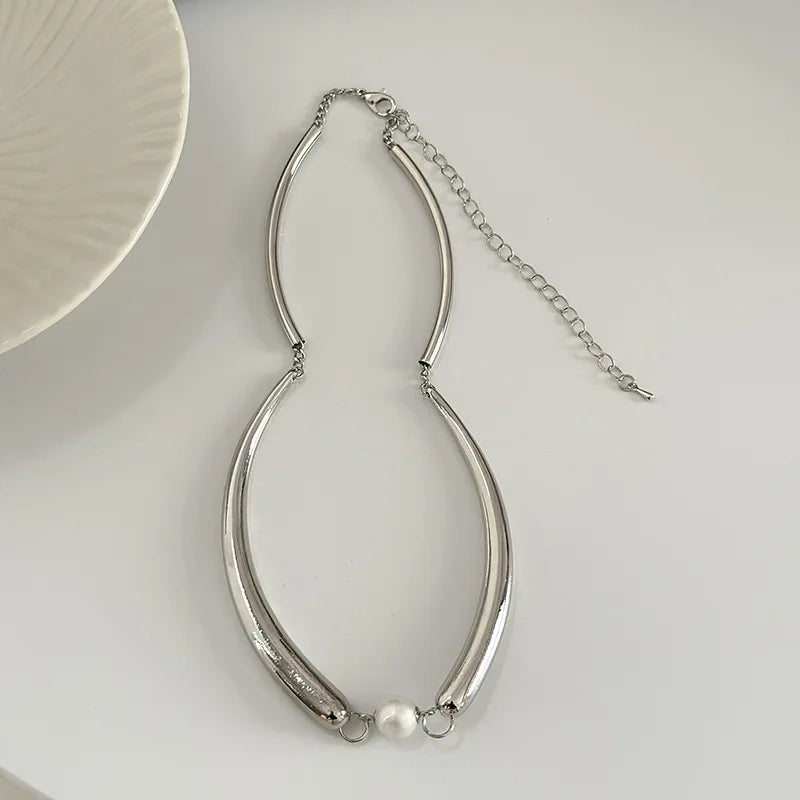 Silver Metal Tube Simulated Pearl Choker Necklace for Women Girl Gift
