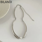 Silver Metal Tube Simulated Pearl Choker Necklace for Women Girl Gift
