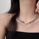 Silver Metal Tube Simulated Pearl Choker Necklace for Women Girl Gift
