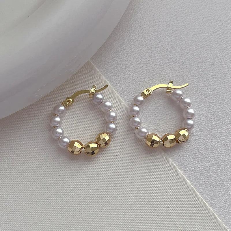 Silver Plated Simulated Pearl Hoop Earrings For Women Girl Party Gift