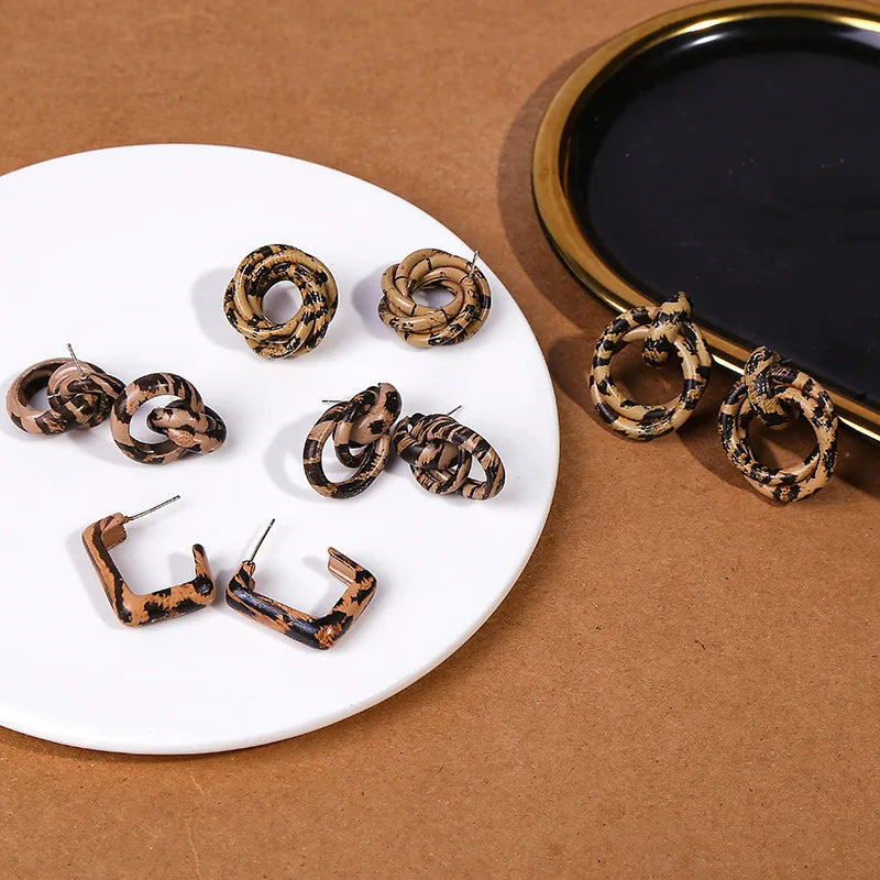 Leopard Print Earrings Vintage Heart Square Round Geometric Earrings