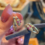 Red Zircon Snake-ear Buckle Earrings with Copper Inlay