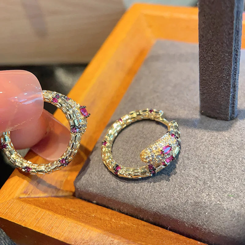 Red Zircon Snake-ear Buckle Earrings with Copper Inlay