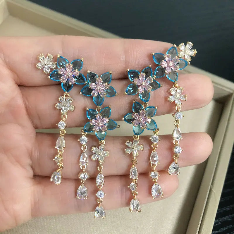 Cubic Zircon Small Flower Tassel Earrings for Women