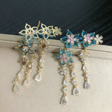 Cubic Zircon Small Flower Tassel Earrings for Women