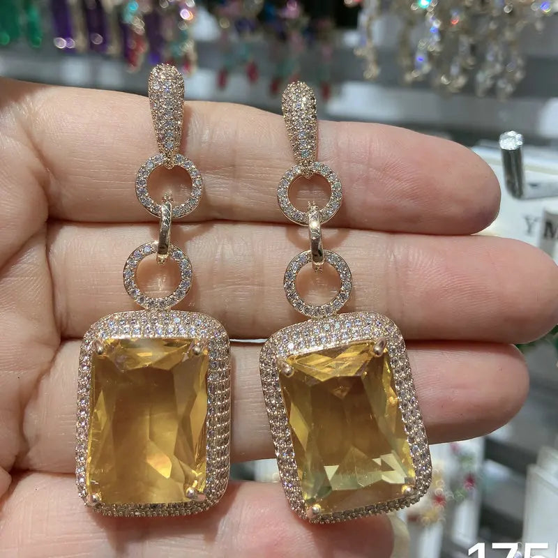 Yellow Square CZ Long Earrings for Women