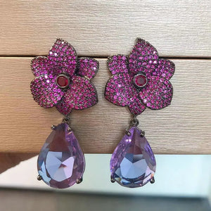 Purple Zircon Flower Drop Earrings