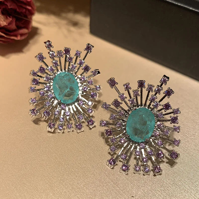 Green & Purple Fireworks Flower Stud Earrings for Women