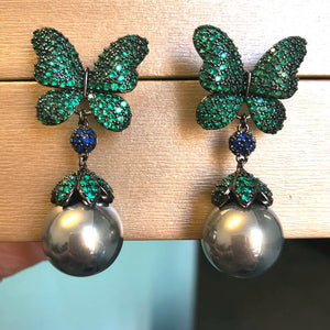Grey Pearl Green Butterfly Earrings Women