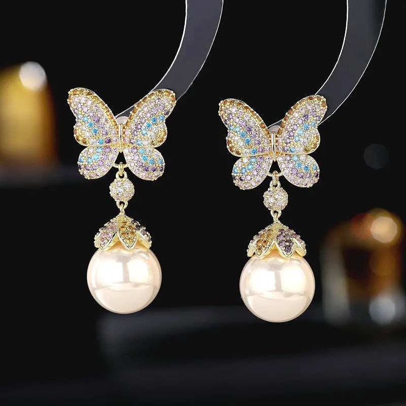 Grey Pearl Green Butterfly Earrings Women