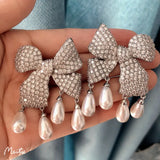 CZ Butterfly Knot Tassel Earrings with Pearl Dangle