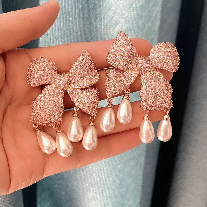 CZ Butterfly Knot Tassel Earrings with Pearl Dangle