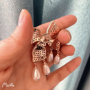 CZ Butterfly Knot Tassel Earrings with Pearl Dangle