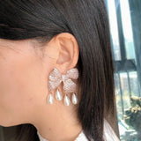 CZ Butterfly Knot Tassel Earrings with Pearl Dangle