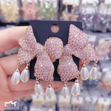 CZ Butterfly Knot Tassel Earrings with Pearl Dangle