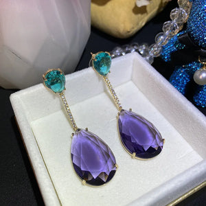 Summer Purple CZ Long Drop Earring for Women Wedding Bridal