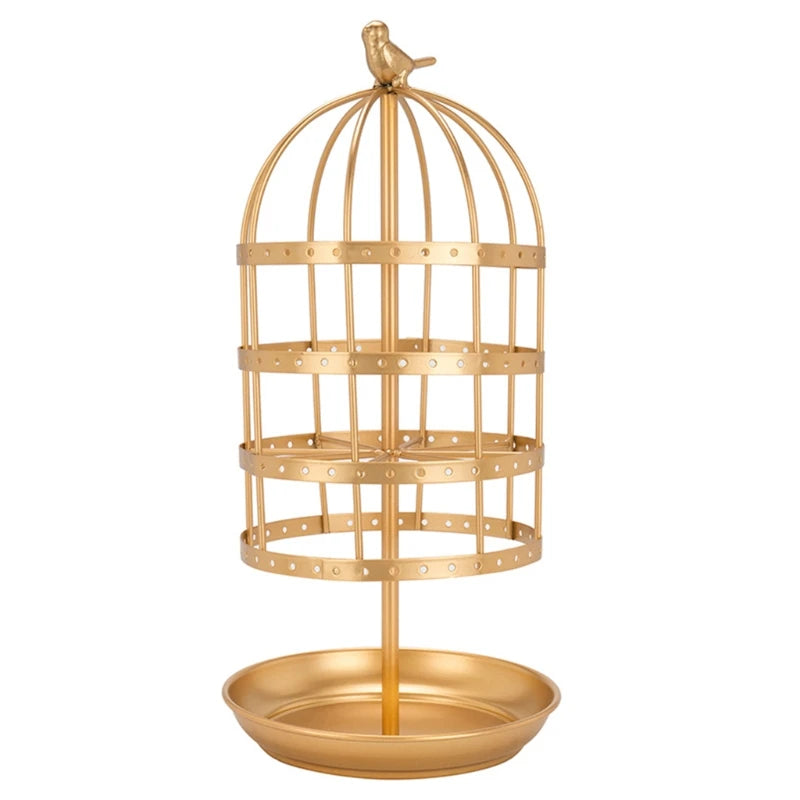 Golden Rotating Jewelry Display Stand Bird Cage Jewelry Rack