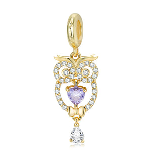 Golden Owl Dangle Charm for Women Bracelet Necklace S925 Sterling Silver Bead