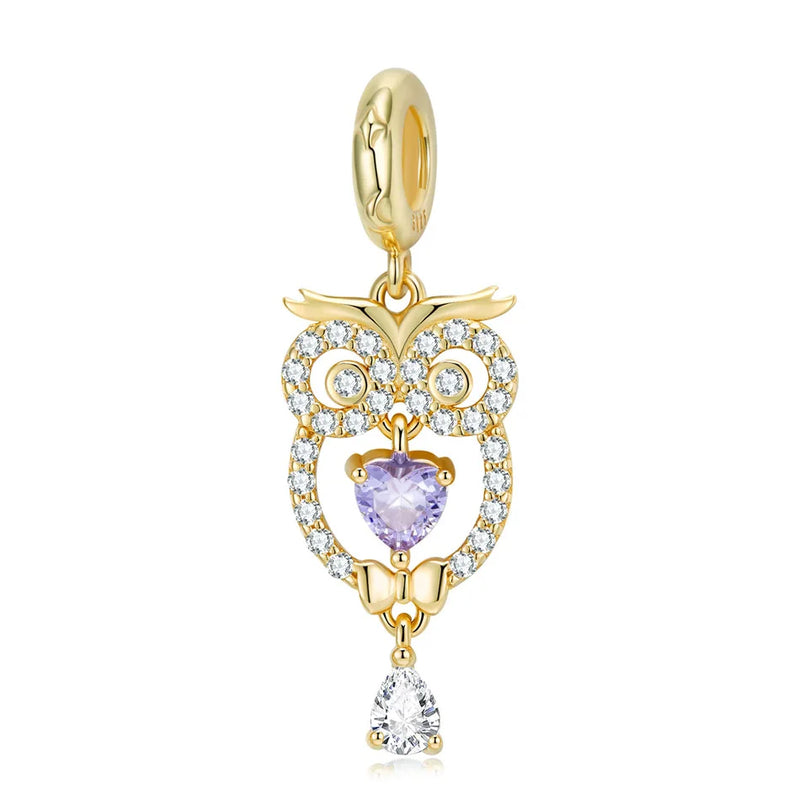Golden Owl Dangle Charm for Women Bracelet Necklace S925 Sterling Silver Bead