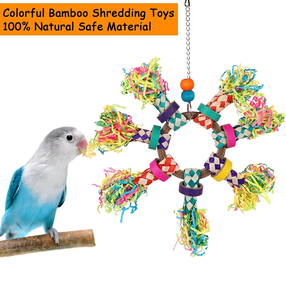 Colorful Bamboo Hanging Parrot Chew Wooden Blocks, Bird Foraging Toys