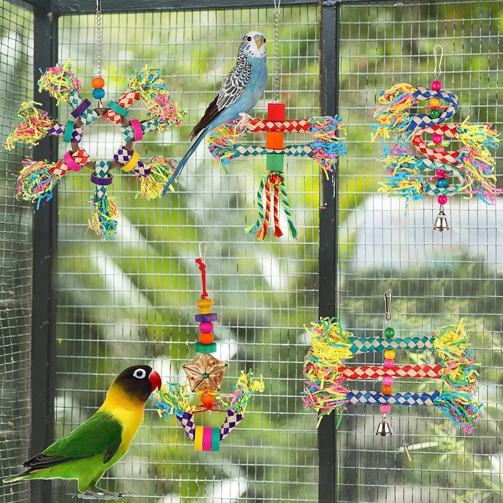 Colorful Bamboo Hanging Parrot Chew Wooden Blocks, Bird Foraging Toys