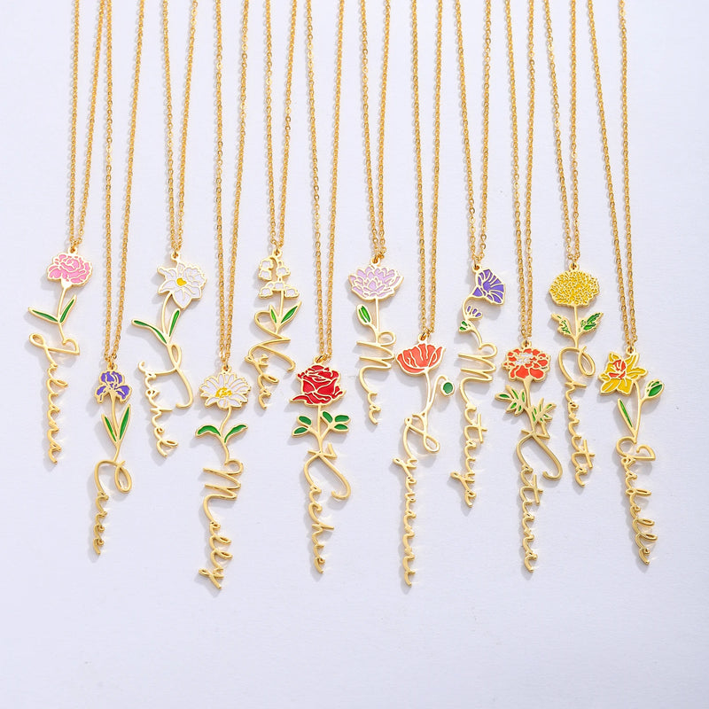 Birth Flower Name Necklace Personalized Gift for Mom Bridesmaids