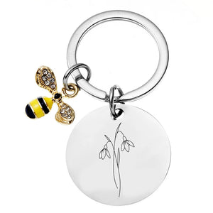 Birth Flower Keychain Engraved Floral Keyring Custom Jewelry with Bee Pendant