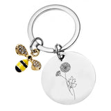 Birth Flower Keychain Engraved Floral Keyring Custom Jewelry with Bee Pendant