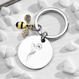 Birth Flower Keychain Engraved Floral Keyring Custom Jewelry with Bee Pendant