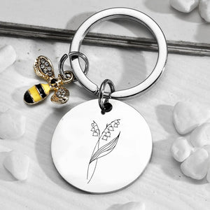 Birth Flower Keychain Engraved Floral Keyring Custom Jewelry with Bee Pendant