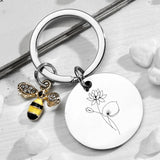 Birth Flower Keychain Engraved Floral Keyring Custom Jewelry with Bee Pendant