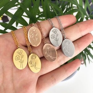Stainless Steel Birth Flower Necklace Oval Floral Pendant Mothers Gift
