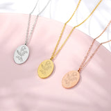 Stainless Steel Birth Flower Necklace Oval Floral Pendant Mothers Gift