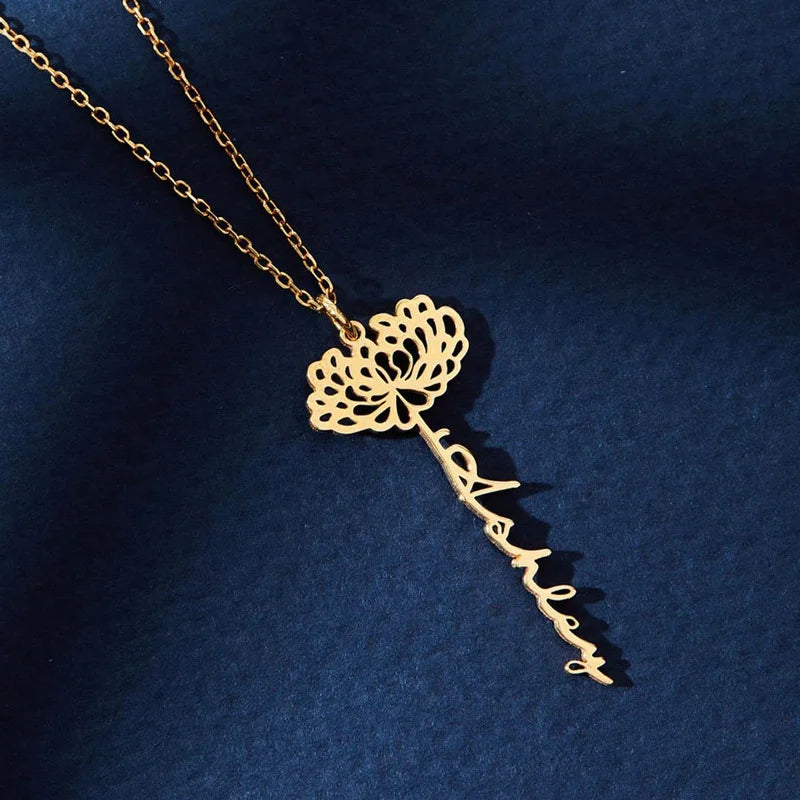 Birth Month Flower Name Necklace Women Jewelry Stainless Steel Chain