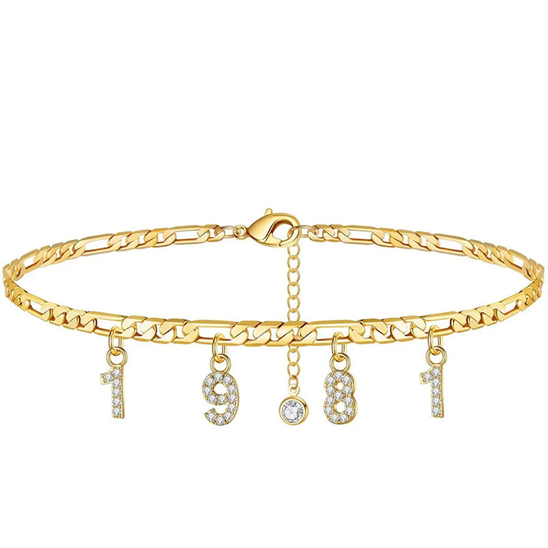 Birth Year Number Ankle Bracelet 14K Filled CZ Date Anklet Personalized Beach