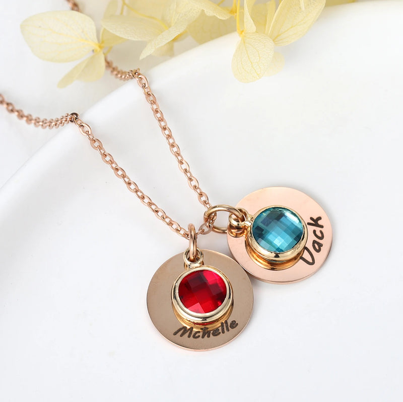 Birthday Stone Name Necklace Shining Engraved Pendant