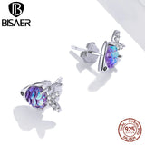 925 Silver CZ Little Fish Stud Earrings Platinum Plated