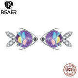 925 Silver CZ Little Fish Stud Earrings Platinum Plated