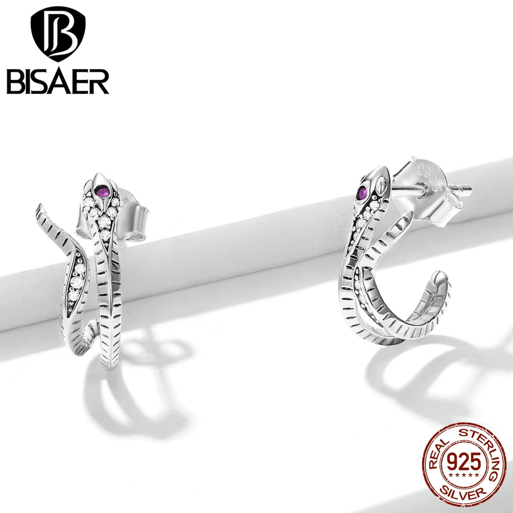 Bisaer 925 Silver Snake Studs Red Zircon Earrings Vintage Wedding Jewelry