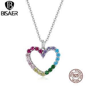 Bisaer 925 Silver Rainbow Heart Zircon Necklace Platinum Chain