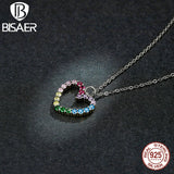 Bisaer 925 Silver Rainbow Heart Zircon Necklace Platinum Chain