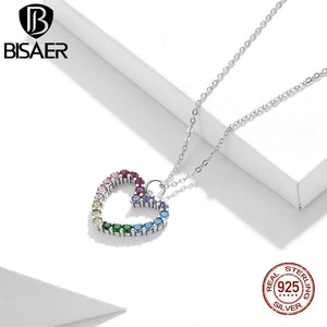 Bisaer 925 Silver Rainbow Heart Zircon Necklace Platinum Chain