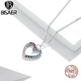 Bisaer 925 Silver Rainbow Heart Zircon Necklace Platinum Chain