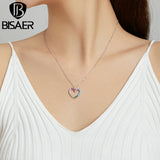 Bisaer 925 Silver Rainbow Heart Zircon Necklace Platinum Chain