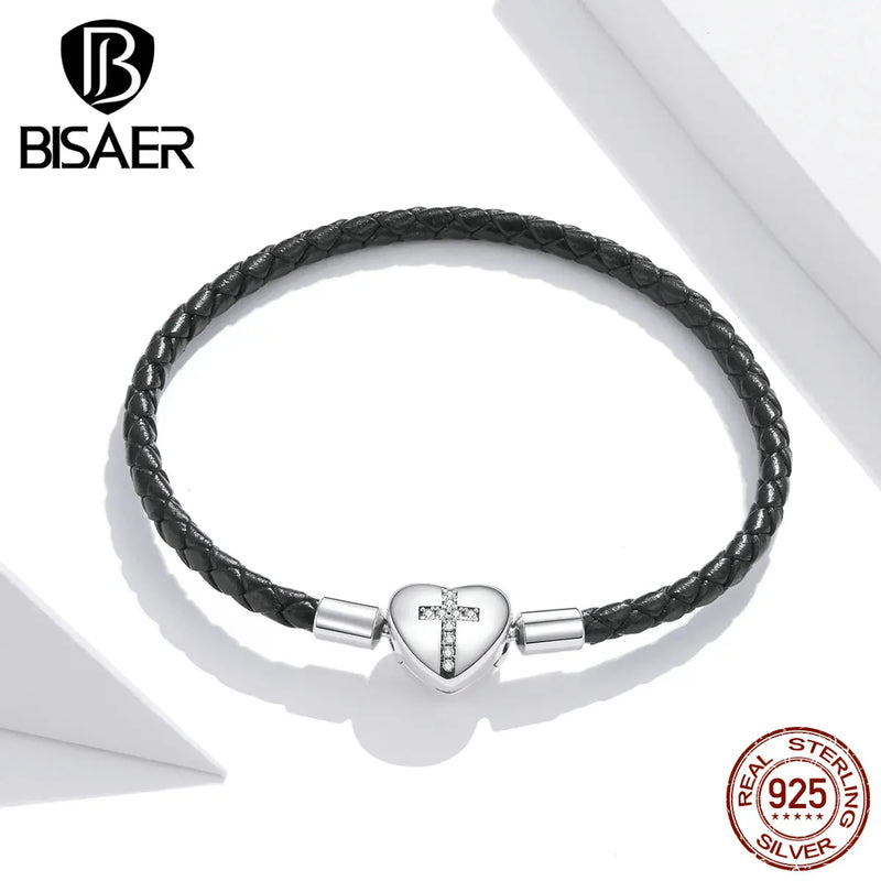Bisaer 925 Silver Cross Charm Heart Bracelet