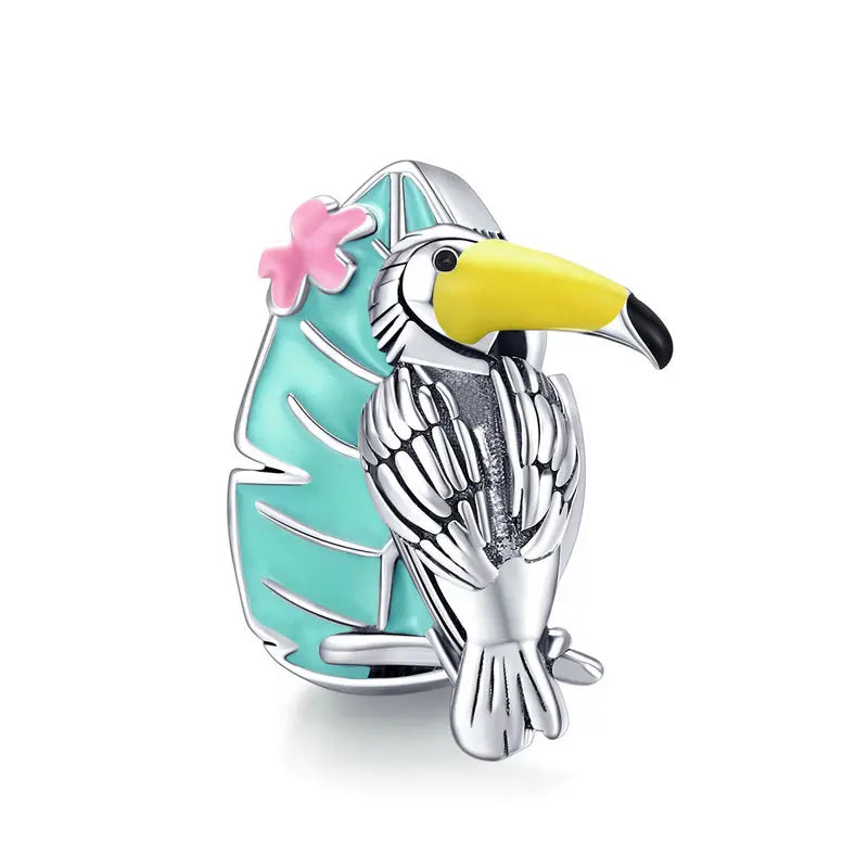 Bisaer Flower Bird Pendant 925 Silver Charm Garden CZ Bead