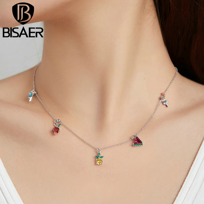 Bisaer Sterling Silver 925 Shining Bead Chain Pendant Necklace For Women