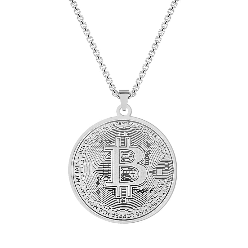 Bitcoin Pendant Plated Circle Necklace Charm Chain Stainless Steel
