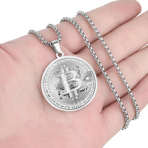 Bitcoin Pendant Plated Circle Necklace Charm Chain Stainless Steel